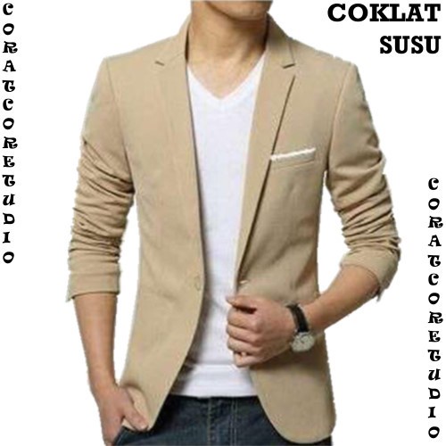 CORAT CORET Blazer Cowok Jas COKLAT SUSU KREM LIS PUTIH Katun Stretch