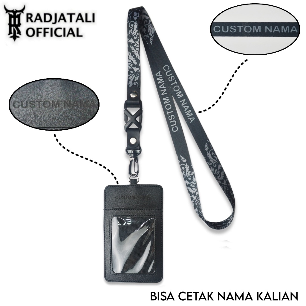 

[K3] Lanyard Kulit Holder ID Card Custom Nama Grafir Leather - BLACK