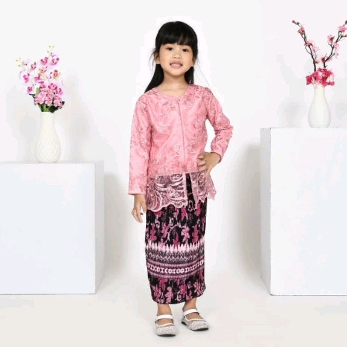 kebaya anak perempuan 1 set warna pink/merah/kuning/biru/silver