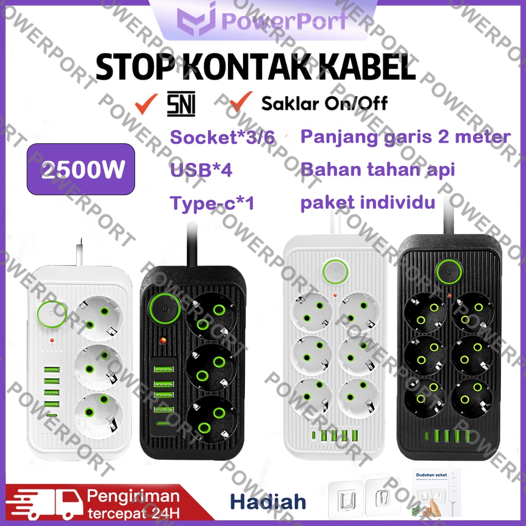 Powerport 2500W Power Strip Power Socket Usb Charger Kontak Usb Power Strip 2 Meter Colokan Listrik