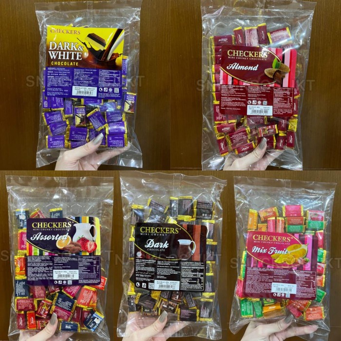 

CHECKERS MINI CHUNKY DARK MILK CHOCOLATE ALMOND ASSORTED MIX FRUIT