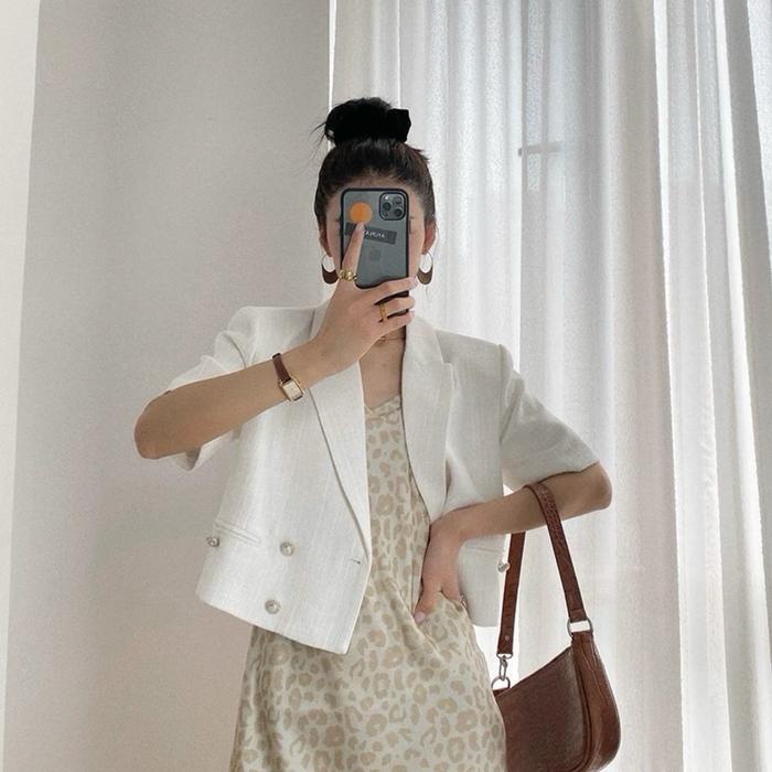 The0Ne Blazer Tweed Tipis Lengan Pendek Model Leher V // Tweed Blazer Top Casual For Daily / Best