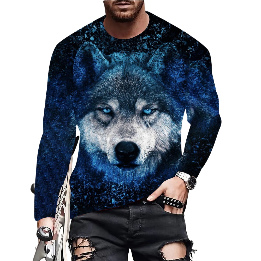 Vintage Print Men'S T-Shirts Long Sleeve 3D Tiger Tops Loose Crew Neck T Shirt Animal Mens Clothes