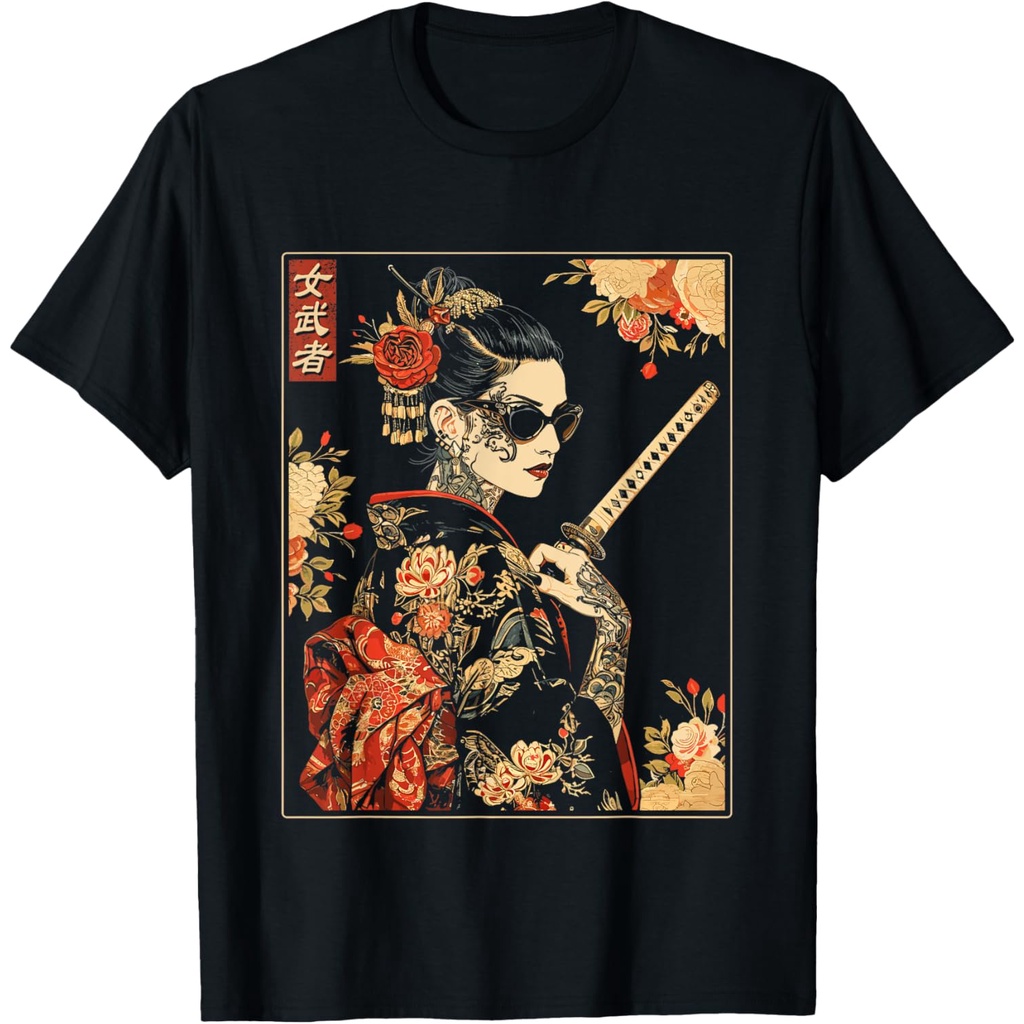 Kaos Wanita Bergambar Seni Samurai Gotik Jepang dengan Pedang Katana