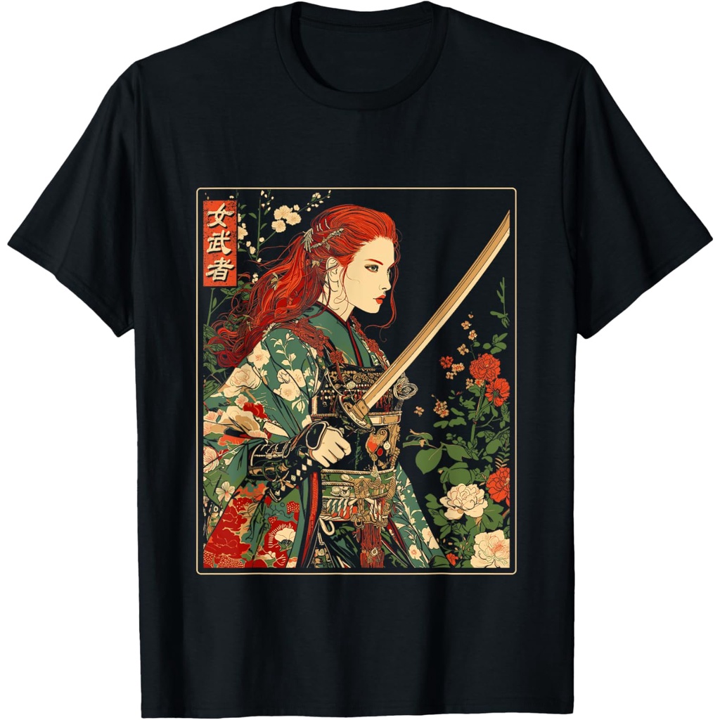 Kaos Wanita Bergambar Seni Samurai Gotik Jepang dengan Pedang Katana