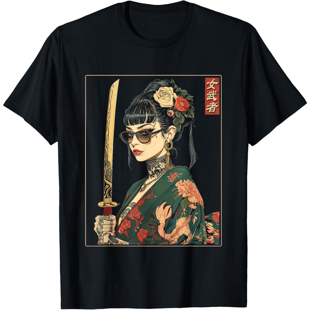 Kaos Wanita Bergambar Seni Samurai Gotik Jepang dengan Pedang Katana