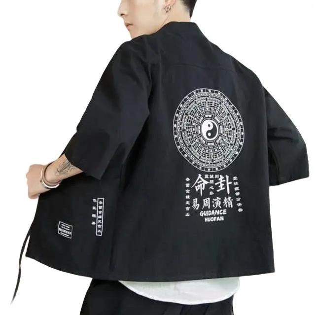 KIMONO KUKABILAL OUTER JEPANG KOREA PRIA Abu Katun Motif Sablon Muda Panjang Hitam Cowok