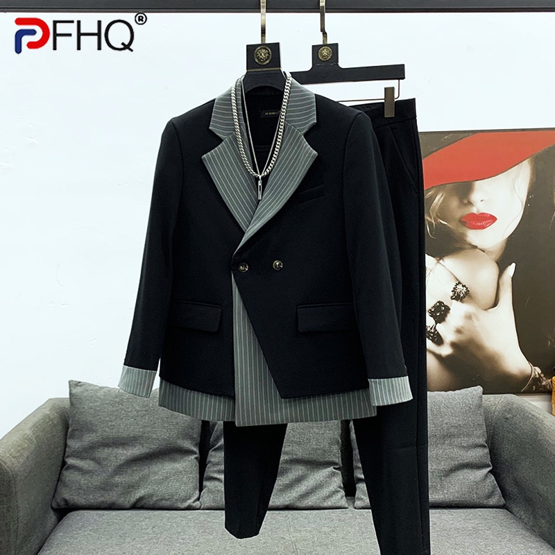 Pfhq 2023 Korean Elegant Blazer Design Trendy Men'S Suits Stripe Pat work Collar Jackets Pants Set