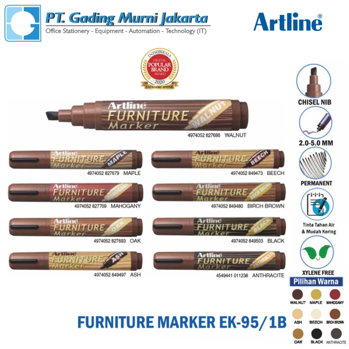 

CUCI GUDANG Spidol Furniture Marker Ash Artline EK-95 - Tinta Waterproof & Permanen - 8 Warna