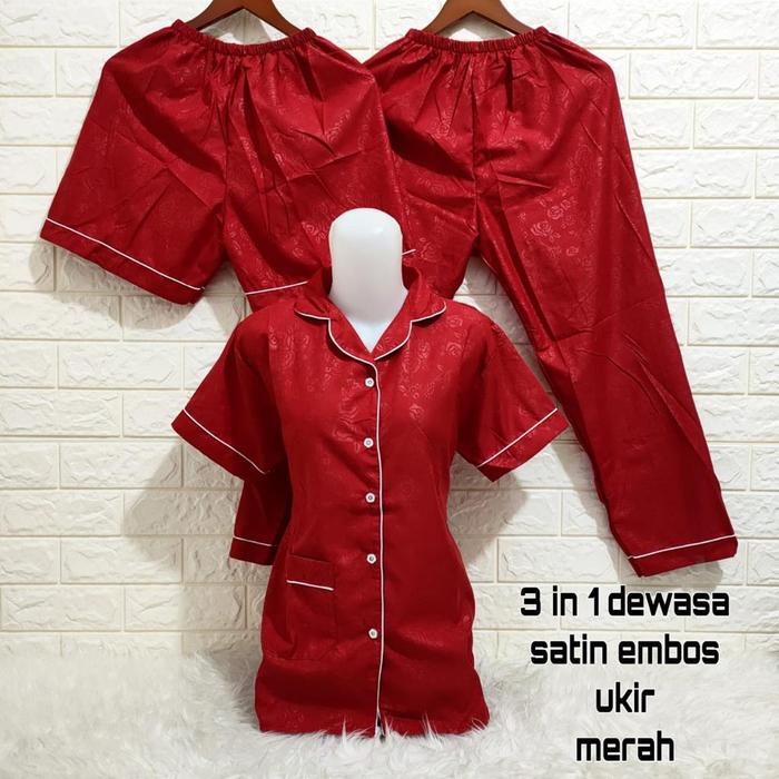 Setelan Piyama 3In1 Baju Tidur Wanita Dewasa, Bahan Embos 16 Warna Ukuran M / L /Xl / Xxl