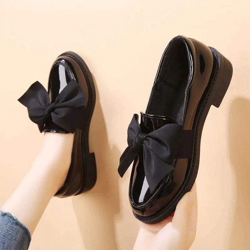 Termurah Sepatu Hitam Glossy Wanita Fashion Korea Pita Besar Sepatu Pantofel Dockmart Oxford Loafer
