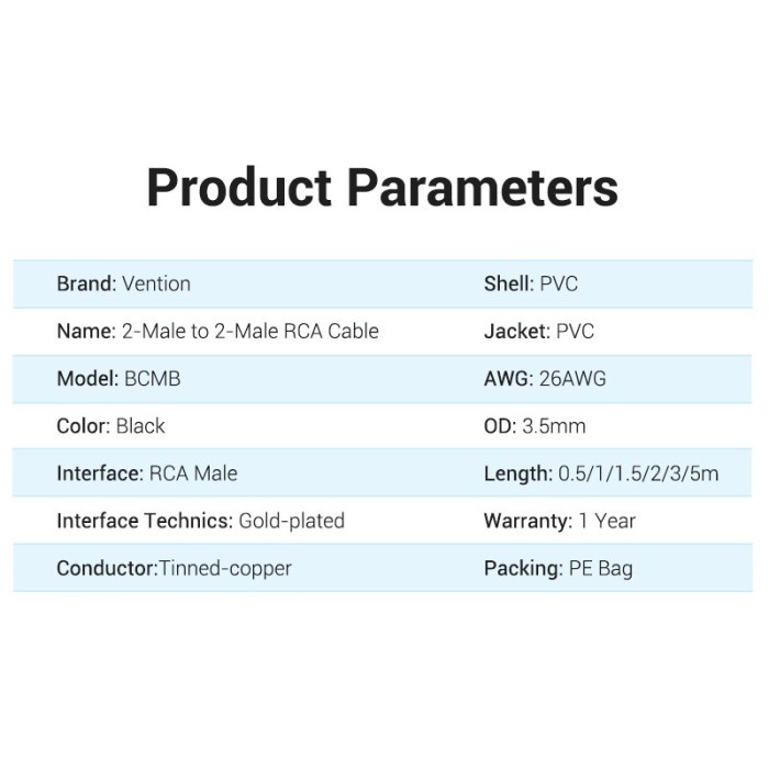 JTTOP" VENTION BCM BLACK KABEL RCA STEREO TO RCA MALE PREMIUM QUALITY