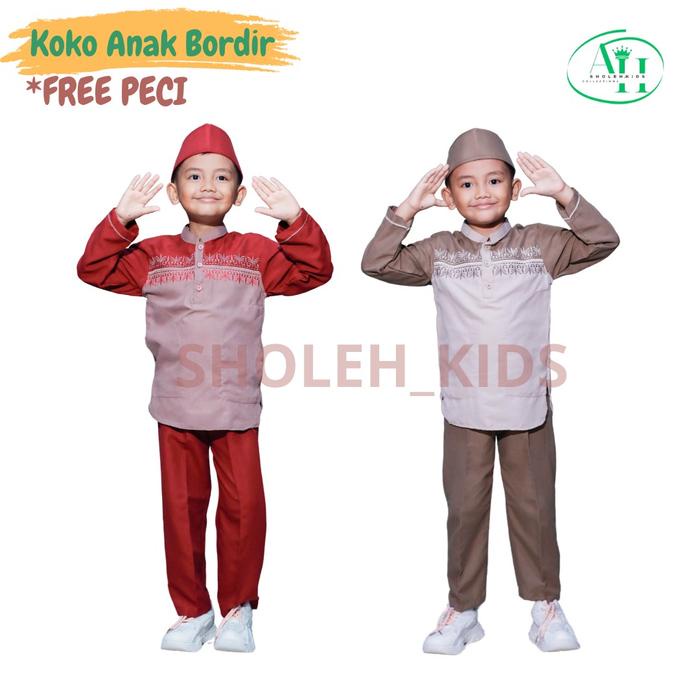 Sholeh_kids-Setelan Koko Anak Lengan Panjang Baju Koko Anak 4-12 th ( FREE PECI ) Motip Bordir