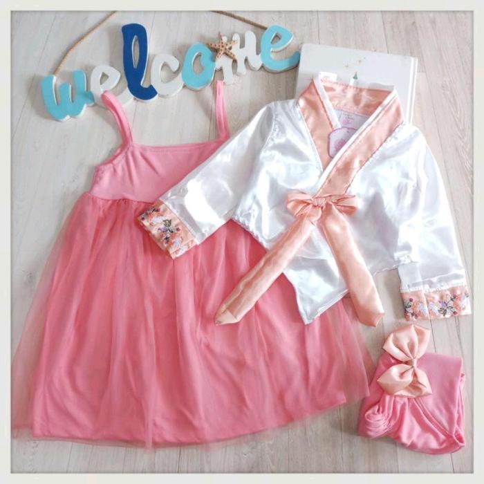 Gamis hanbok muslim anak 1-2 tahun hijab pita lucu korea Katun