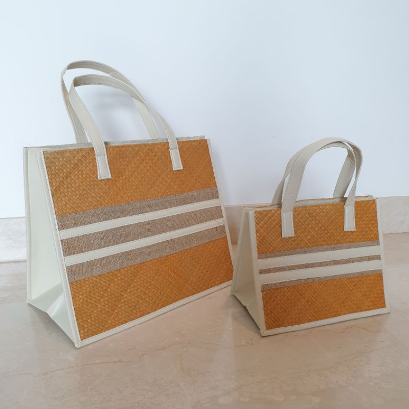 Samara Hampers Bag - Tas Pandan Lis Goni Kulit, Tas Anyaman Souvenir, Tas Handmade, Tas Parcel, Tas
