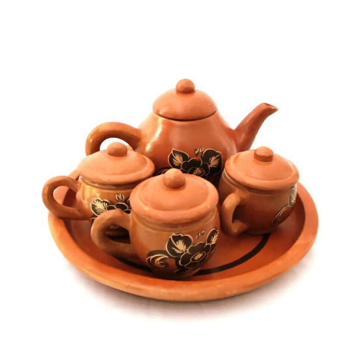 PREMIUM Teko Teh Poci Tanah Liat Premium Set 3 Cangkir 1 Teko + Nampan