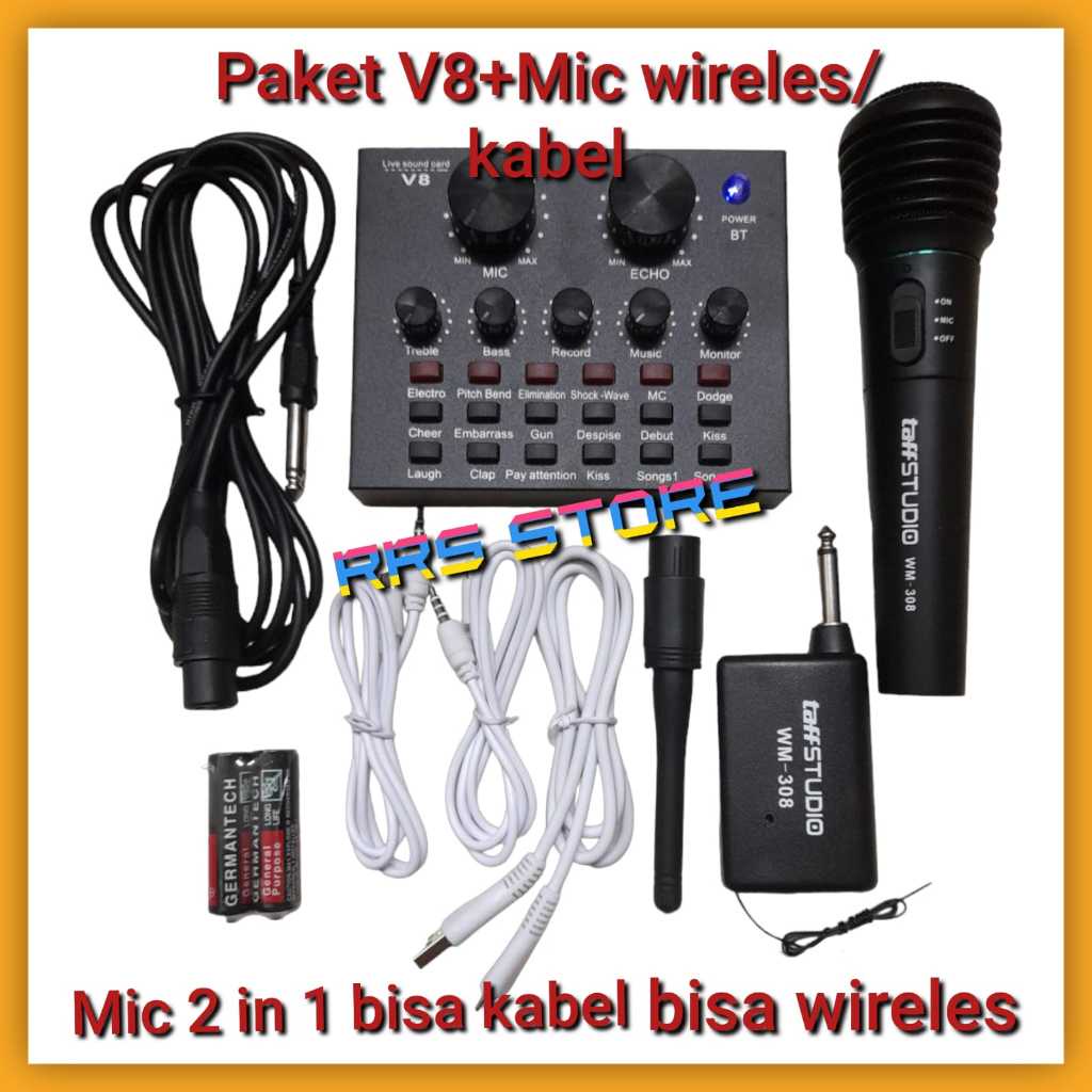 PAKET KAROKE SOUNDCARD V8 Bluetooth Audio USB External Soundcard Broadcast Microphone MIC Mikrofon
