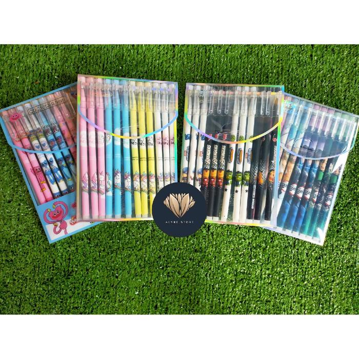 

12Pcs Pen Gel Karakter Pulpen Bolpen Lucu Fancy Pena Gel Hitam