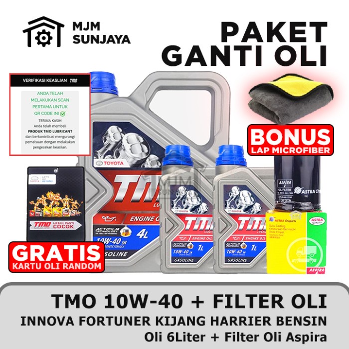 PAKET GANTI OLI MESIN TMO SAE 10W-40 6 LITER ASPIRA INNOVA FORTUNER BENSIN 10W40 6LITER ORIGINAL