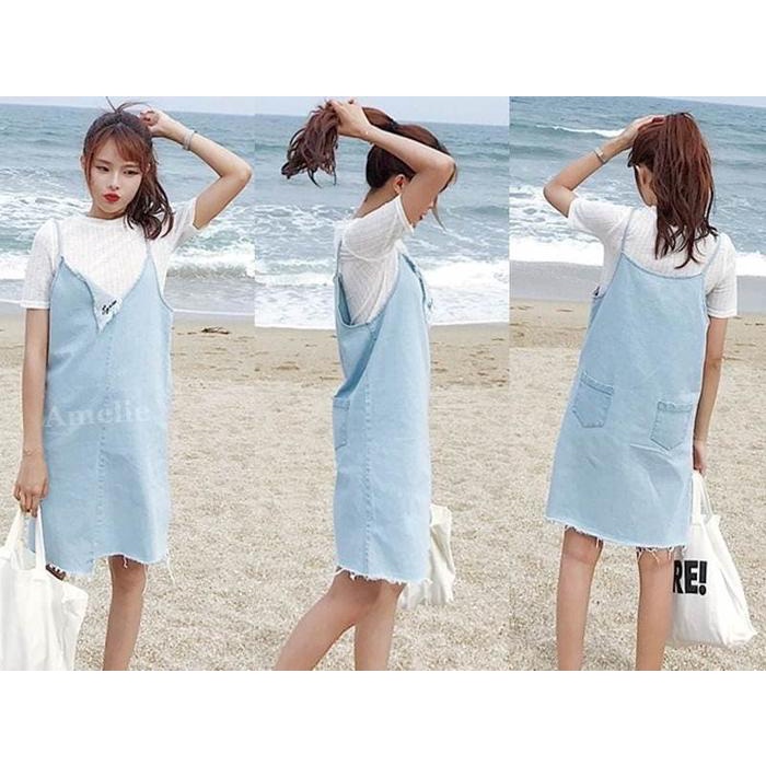 OVERALL JUMPSUIT MINI DRESS DENIM JEANS WANITA KOREA IMPORT AB834718