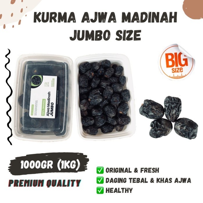 

Lezat- KURMA AJWA JUMBO 1kg Repack Aliyah Dates Organik Nabi Ajwah Besar Prem