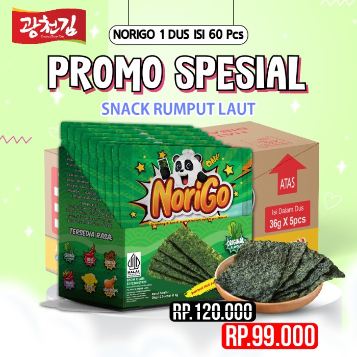 

(Promo Spesial) Norigo 1 Dus Free 10 Pcs / Nori Sachet Seaweed Snack 3G Rumput Laut Halal