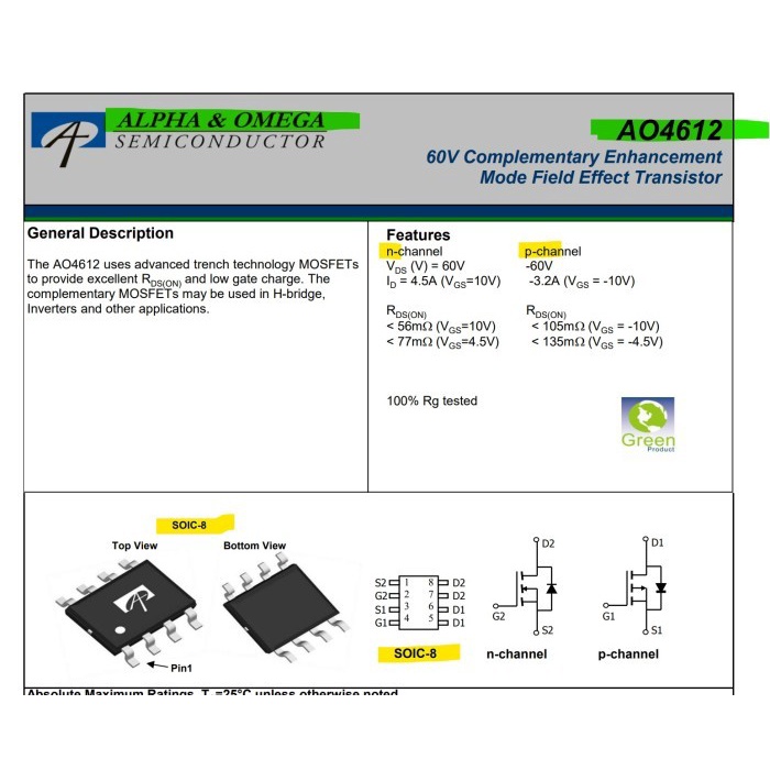 (GoodSeller) AO4612 60V N-Channel & P-Channel Mosfet 4612 SOIC-8 Alpha Omega Origin