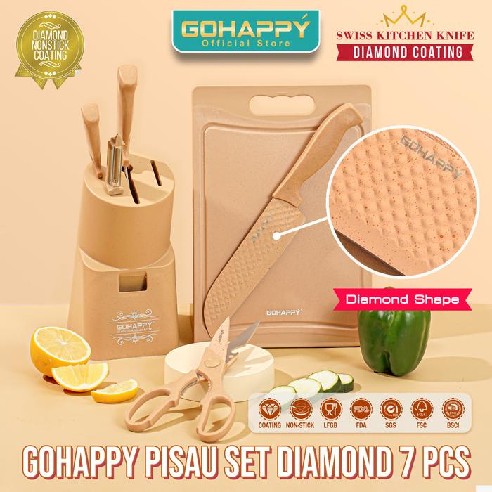 Rds - (Trendnow) Pisau Set 7 Pcs Diamond Gohappy Plus Knives Holder Wadah Pisau Motif Knife Set