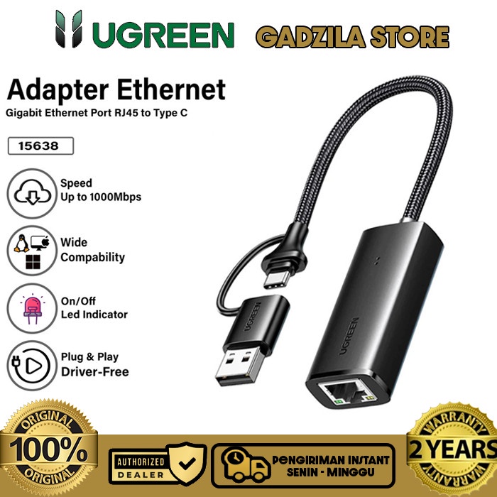 Ready UGREEN Ethernet Adapter USB Type-C To Lan RJ45 Modem Internet 100Mbps - 1000Mbps For Laptop