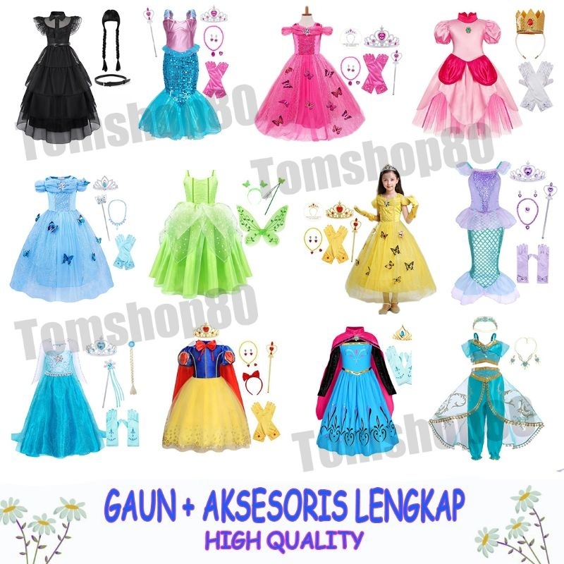 Gaun + Aksesoris / Kostum Princess / Kostum anak perempuan / kostum putri disney / dress princess /