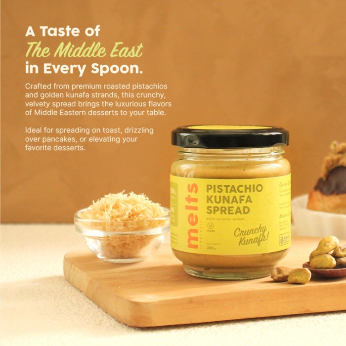 

Melts Pistachio Kunafa Spread Selai kacang Crunchy Plant Based Vegan untuk Roti Bahan Kue Baking