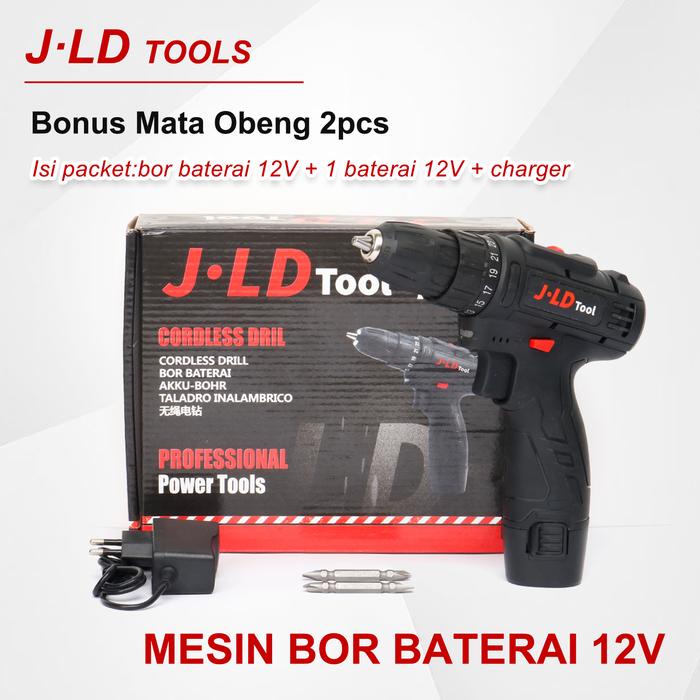TERBARU JLD Mesin bor baterai 12V Bor Tanpa kabel Hitam Bor Bolak Balik bor baterai cas komplit bor