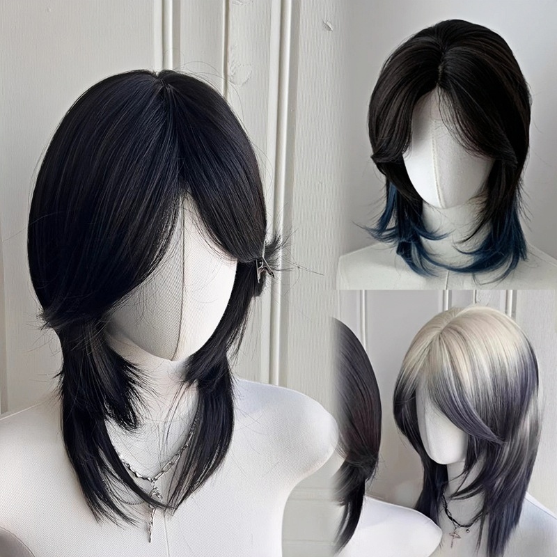 Wig Wolfcut Wig Rambut Pria Rambut Palsu Wanita 2 Warna Wig Pria Wig Rambut Pendek Wig Wanita Full