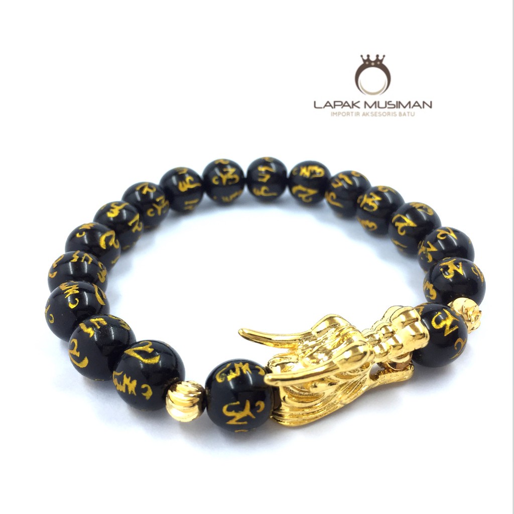 Gelang Pria Naga Giok Hitam Kombinasi Mantra Budha