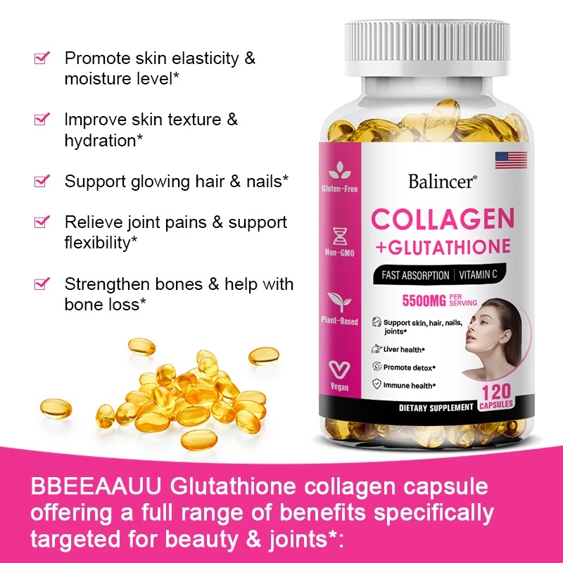 IMPORT L-GLUTATHIONE AND COLLAGEN SUPPLEMENT TO SUPPORT SKIN CARE, NAILS, HAIR, ANTIOXIDANTS AND