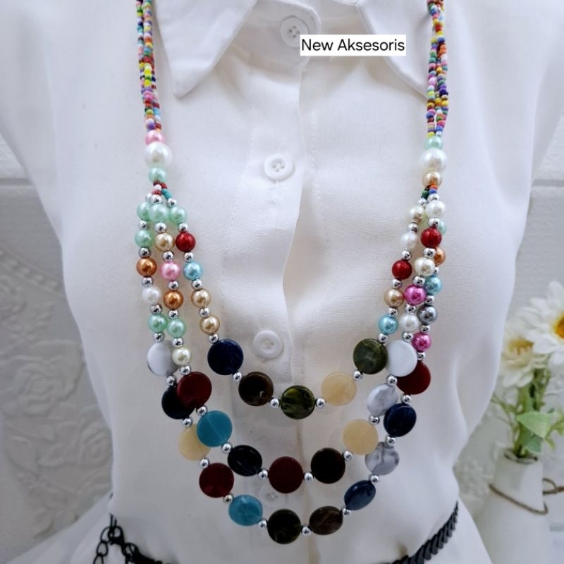 Kalung Etnik Wanita Panjang 3 layer Kekinian Fashion Hijab
