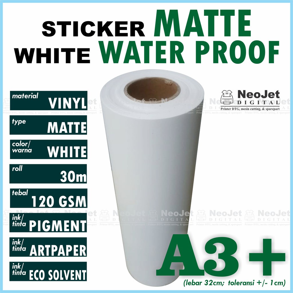 

Stiker Sticker Vinyl Matte Inkjet Waterproof Doff Doft Mate A3+ Putih White Water Proof Anti Air