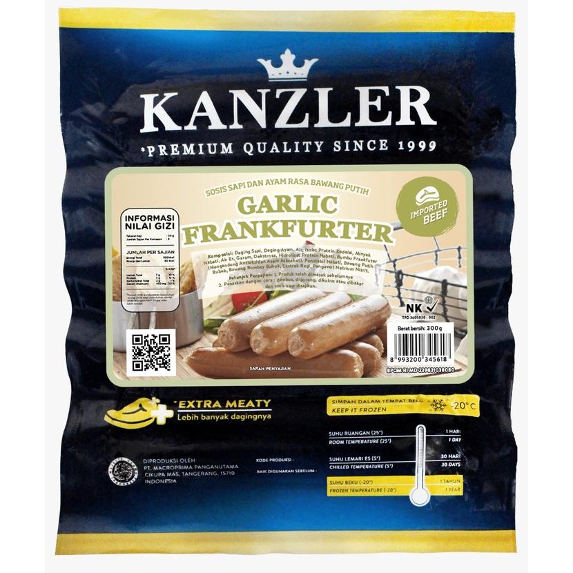 

Kirim,HariYgSama- GARLIC FRANKFURTER KANZLER 300GR/6PCS SOSIS SAPI BAWANG PUTIH HALAL