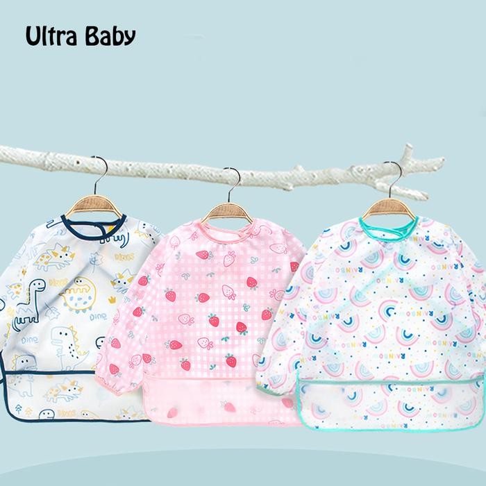 Mamora- Ultra Celemek Makan Bayi Waterproof Anti Air Anak Lengan Panjang Bib Baju Blw Bagus