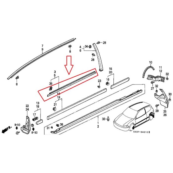 Ready List pelipit kaca pintu horizontal Civic Genio Estilo 1992-1995 Ori