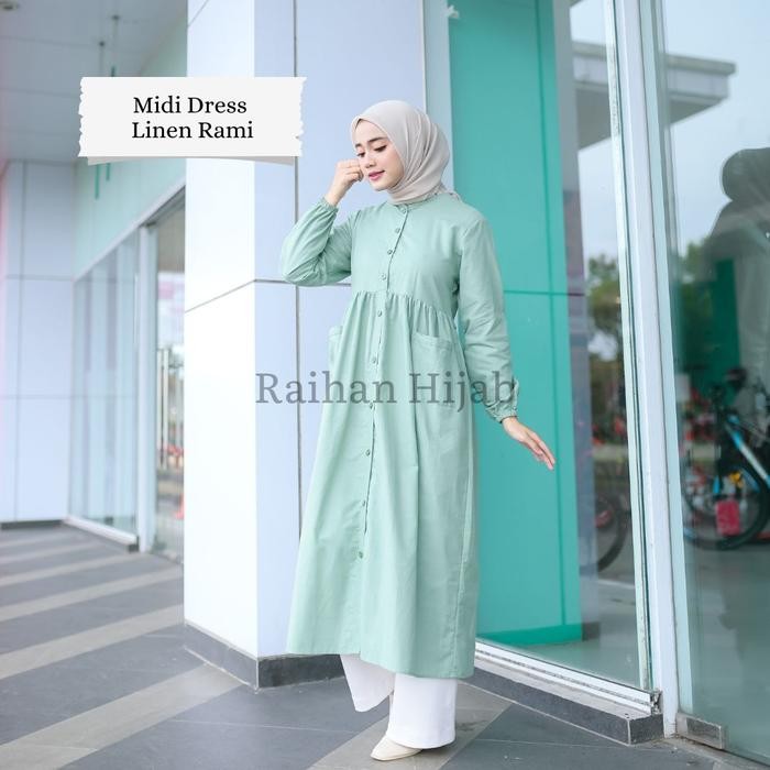 Layali- Midi Dress Allura Katun Linen Rami Casual Busui Kancing Depan Katun Muslim Wudhu Wanita