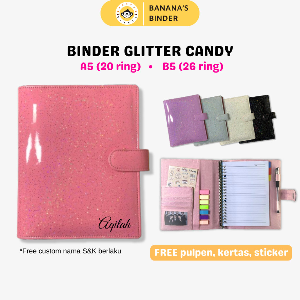 

Binder Glitter Candy Glosy custom nama + FREE PAPER PULPEN 20 ring (A5) dan 26 ring (B5) best seller