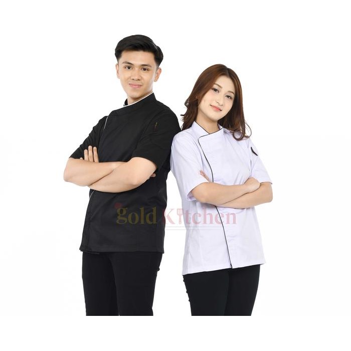 New Baju Chef Baju Koki Chef Jacket Seragam Safety Lengan Pendek Pria Wanita Warna Coklat Hitam