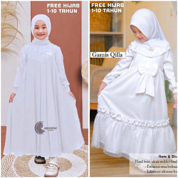 Hayya- Qilla white Set Gamis Anak Perempuan Manasik Haji Anak Tk Syari 2023 Putih Polos