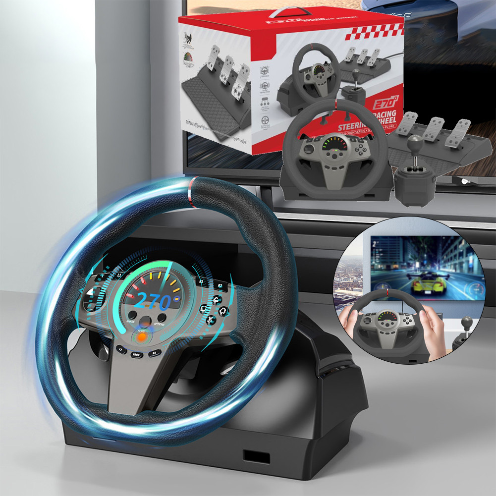 270° Gaming Steering Wheel Simulator Gaming Steering Wheel with Pedal and Shifter PC Steering Wheel 