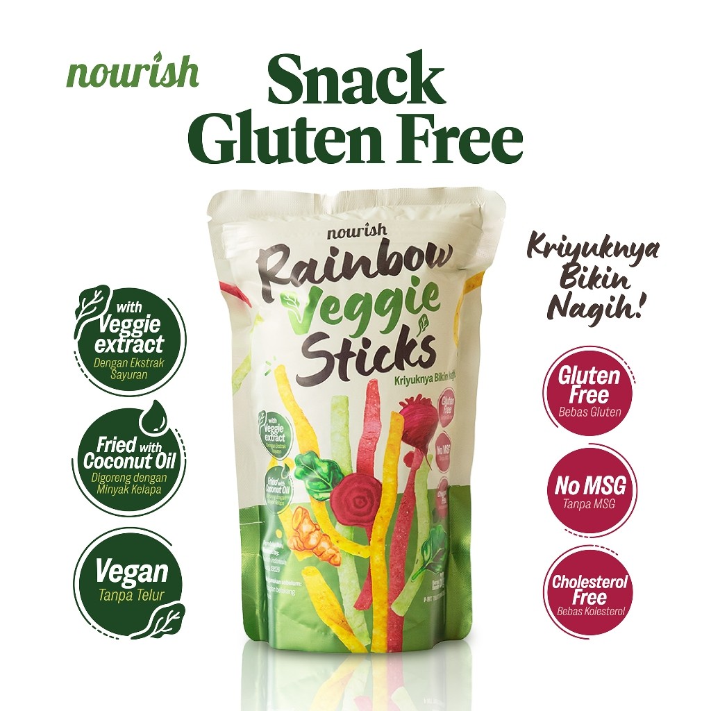 

Nourish Rainbow Veggie Stick Gluten-Free dengan Ekstrak Sayuran No MSG 60 gr