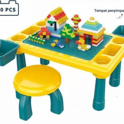 MAINAN MEJA DAN BALOK LEGO ADA KURSI DAN TEMPAT PENYIMPANAN - KAD