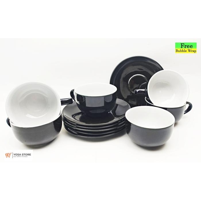 Cangkir Keramik Kopi Teh Motif Cafe Hitam 12 Pcs