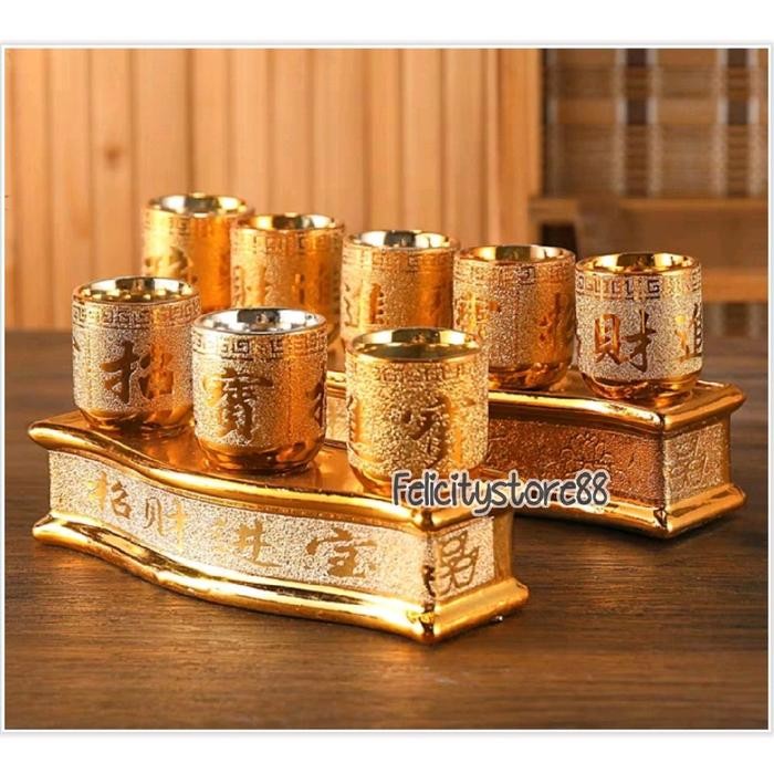 Cangkir Keramik Emas Jin Bao Set / Cangkir Sembahyang Gold Jin Bao Keramik