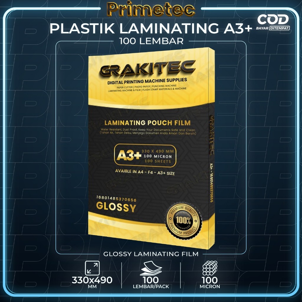 

PRIMETEC PLASTIK LAMINATING A3+ 330 X 490 MM X 100MIC 100 LEMBAR